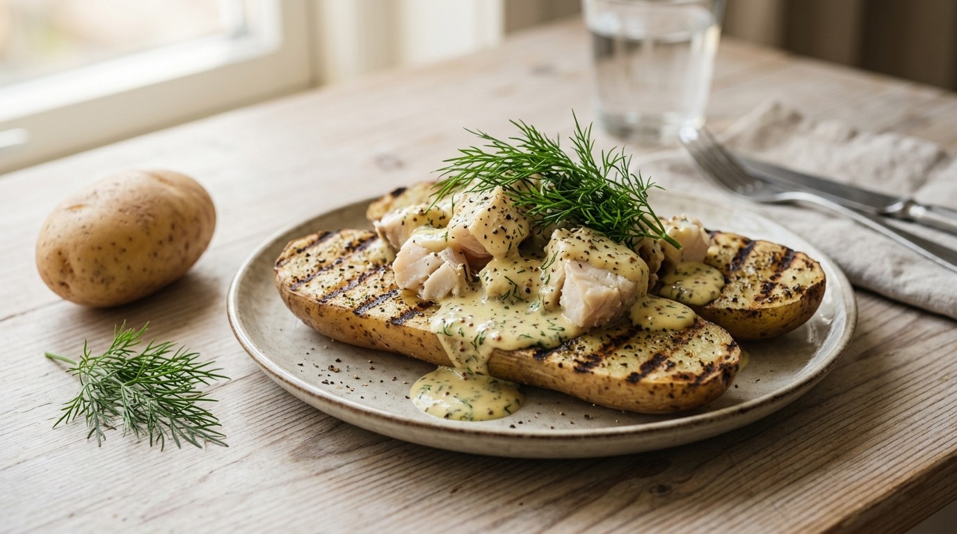 Gestoofde Nijlbaars op Gegrilde Roseval Aardappel