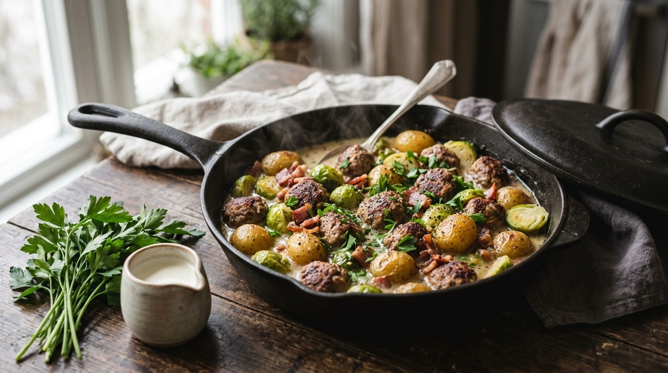 Gestoofde Spruitjes met Gehakt en Krieltjes