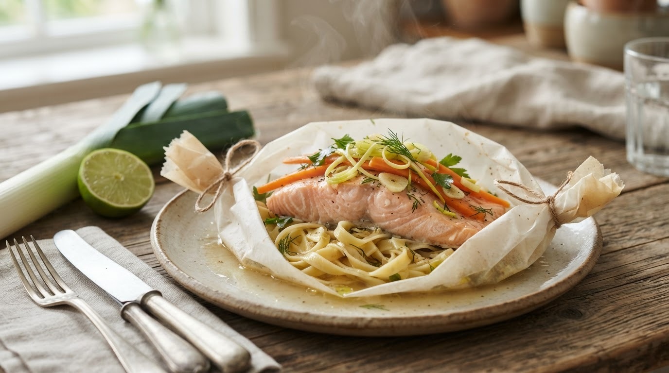 Gestoomd Groente Vispakketje op een Bedje van Knoflook Tagliatelle