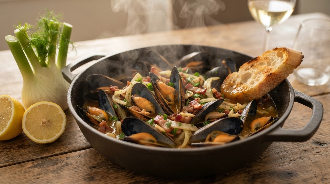 Gestoomde Mosselen met Knoflook, Bacon en Venkel recept Gestoomde Mosselen met Knoflook, Bacon en Venkel recept