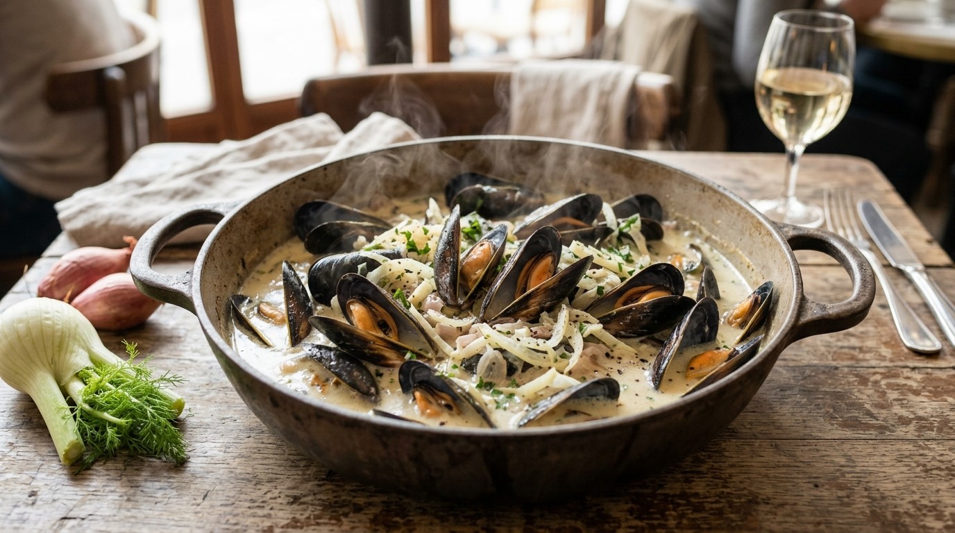 Gestoomde Mosselen met Sjalotjes, Venkel en Creme Fraiche
