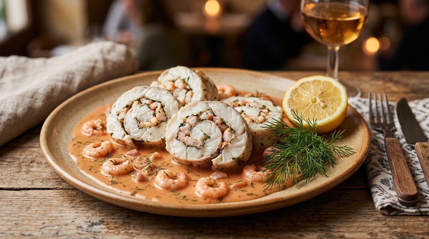 Gevude Visrolletjes met Gamba-cognacsaus