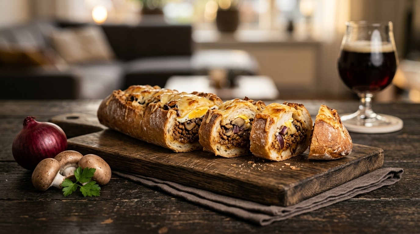 Gevuld Stokbrood (met Gehakt, Kaas, Champions, Uitjes en Kruiden)