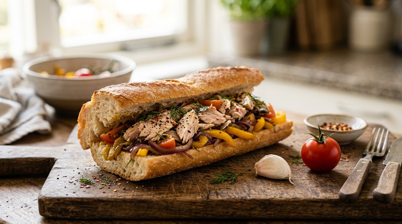 Gevuld Stokbrood met Makreel, Uitjes en Paprika