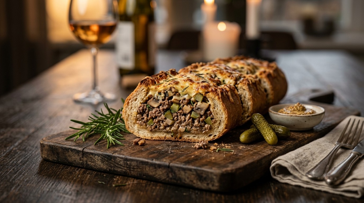 Gevuld Stokbrood met Rundergehakt, Champignons en Belegen Kaas
