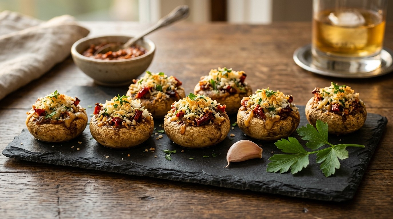 Gevulde Champignons met Rode Pesto en Zongedroogde Tomaatjes