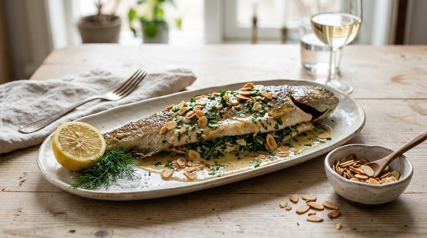 Gevulde Forel met Amandelsaus recept Gevulde Forel met Amandelsaus recept