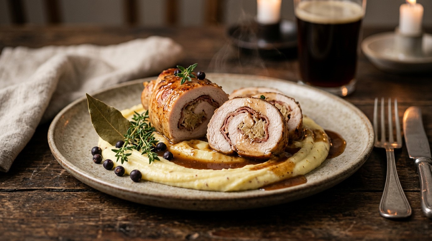 Gevulde Kalkoenrolletjes met Zuurkool en Mosterdpuree