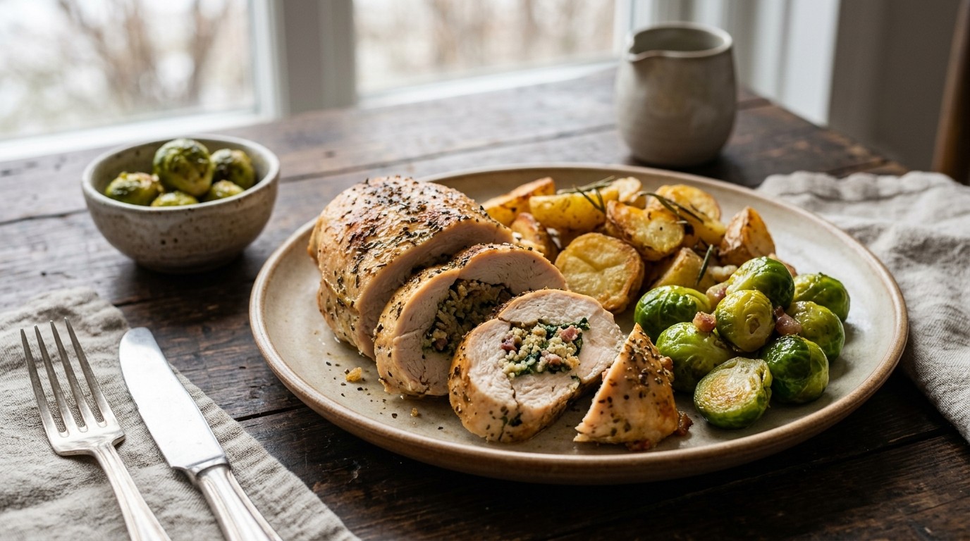 Gevulde Kipfilet met Opgebakken Aardappels en Spruiten