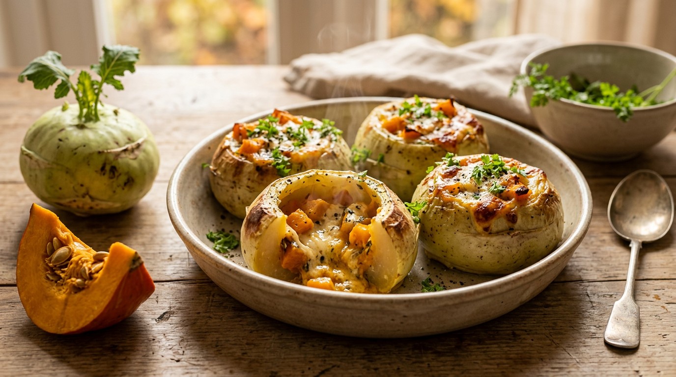 Gevulde Koolrabi met Geitenkaas en Pompoen recept Gevulde Koolrabi met Geitenkaas en Pompoen recept
