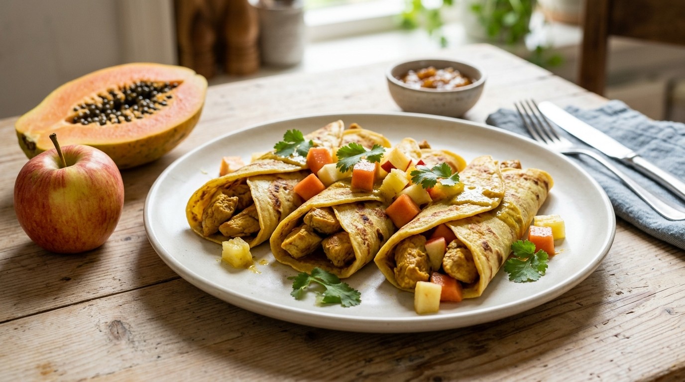 Gevulde Pannenkoekjes met Kerriekip en Divers Fruit