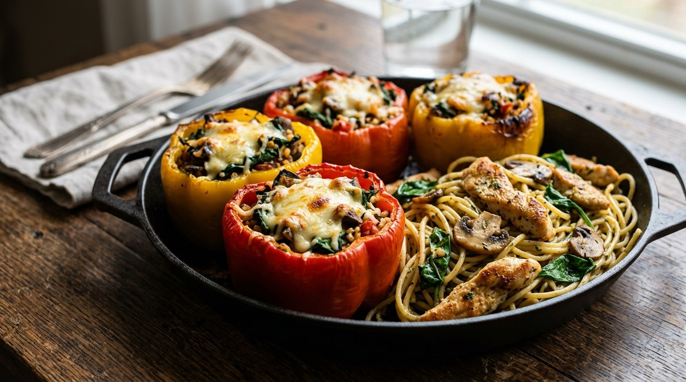 Gevulde Paprika met Citroenknoflook, Noedels en kip