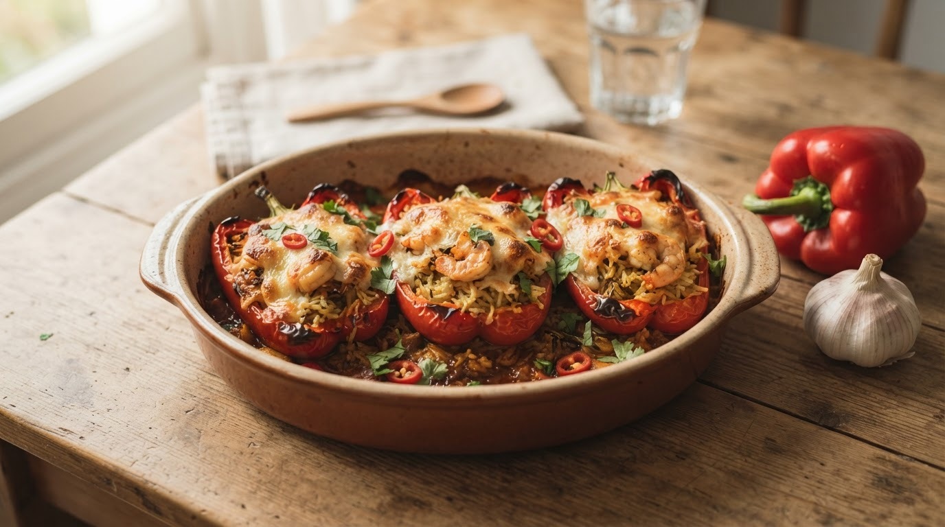 Gevulde Paprika met Gekruide Pandanrijst en Garnalen