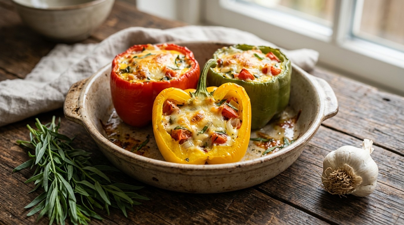 Gevulde Paprika met Kaas, ei, Tomaat, Uitjes en Paprika