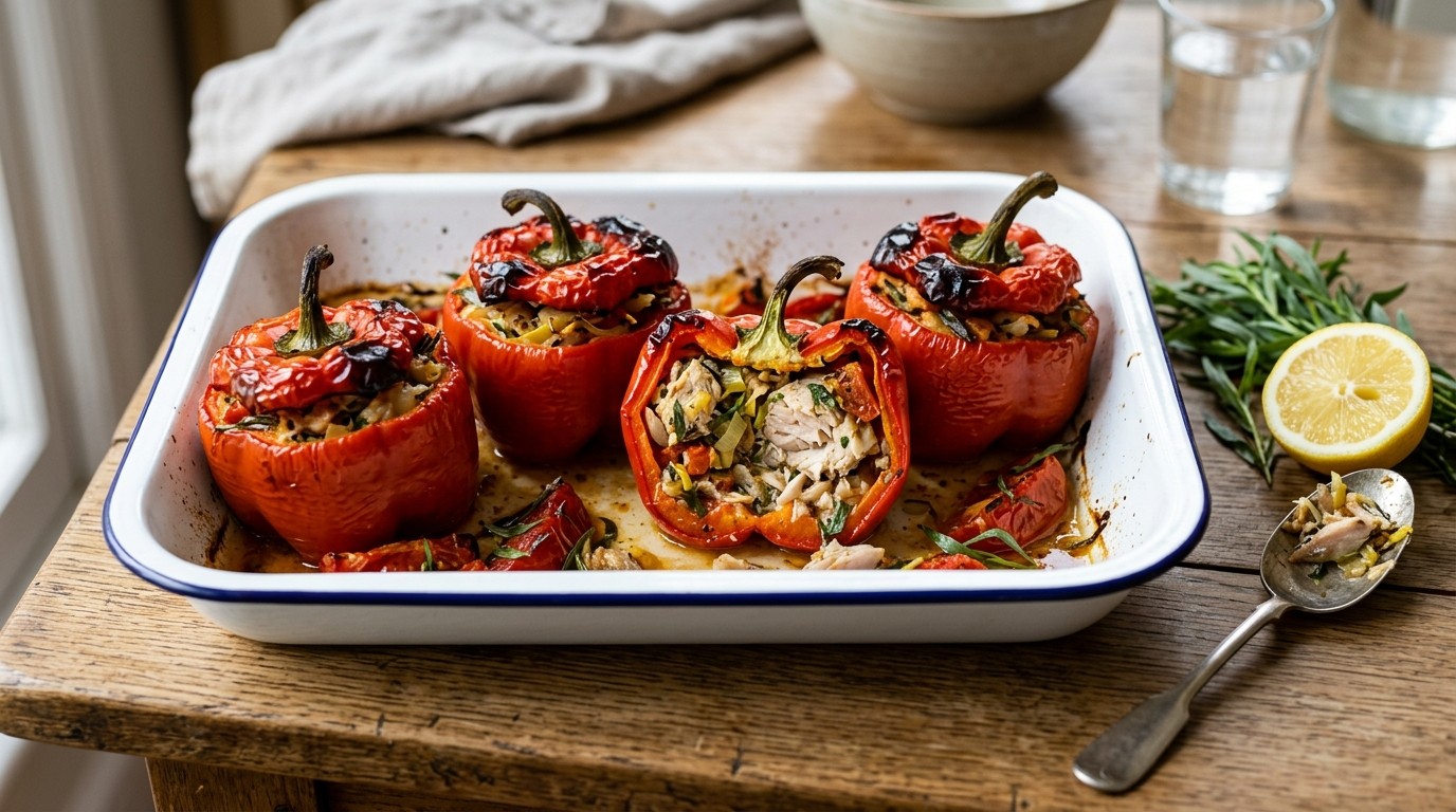 Gevulde Paprika met Makreel, Tomaat, Uitjes en Prei
