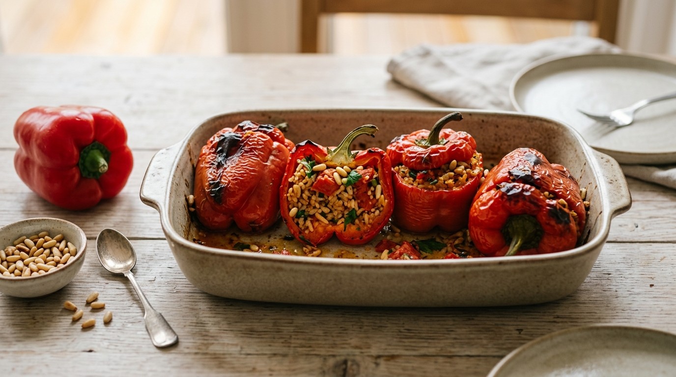 Gevulde Paprika met Rijst, Tomaat en Pijnboompitten