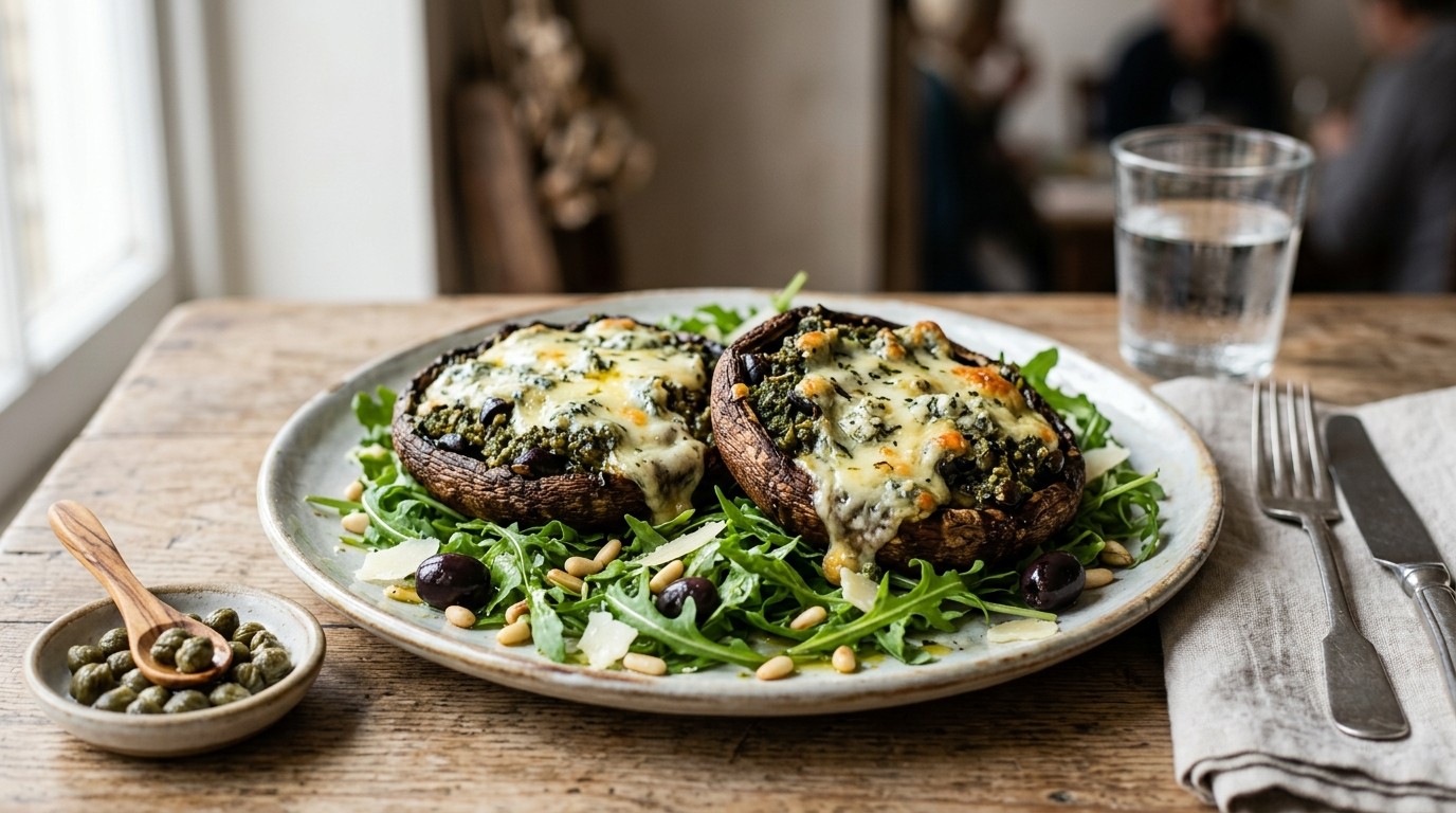 Gevulde Portobello met Pesto en Blauwe Kaas recept Gevulde Portobello met Pesto en Blauwe Kaas recept