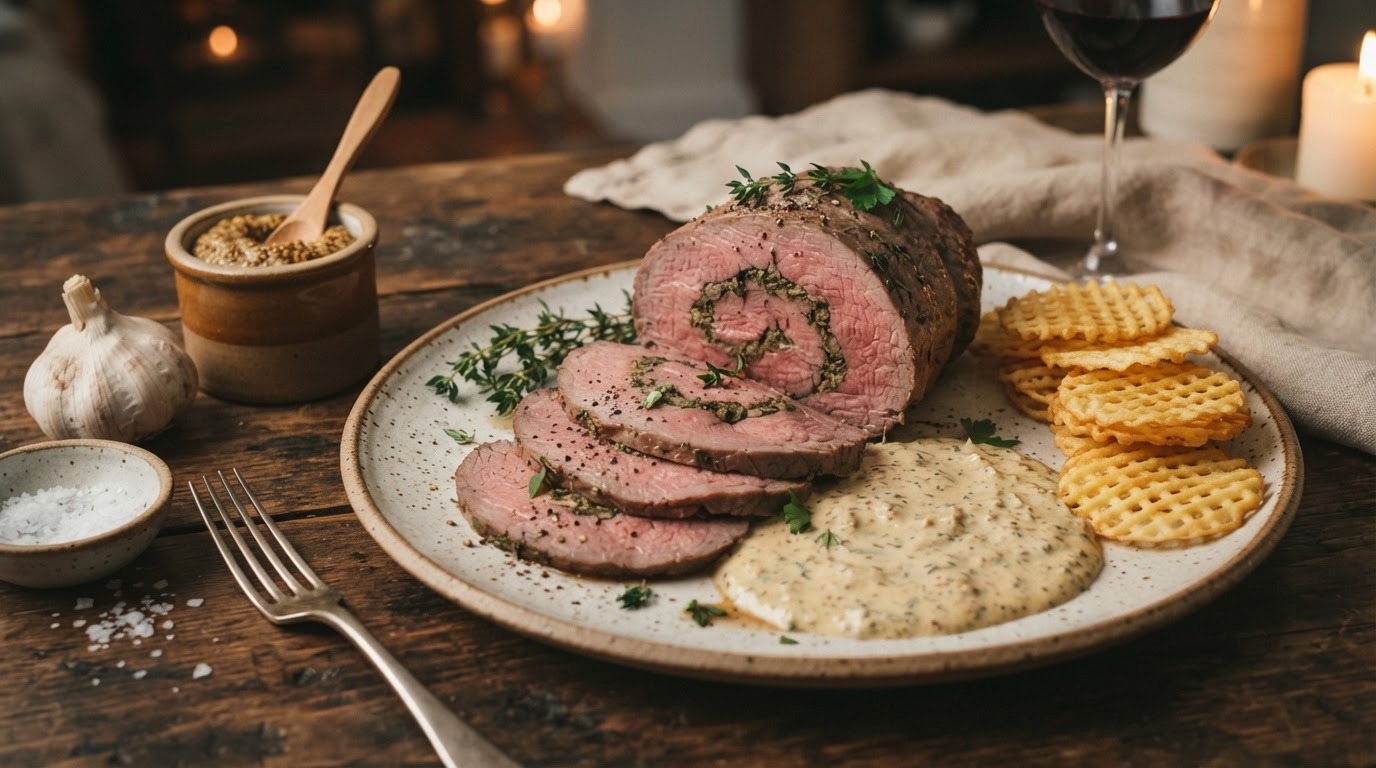 Gevulde Rosbief met Mosterdsaus en Aardappelwafeltjes