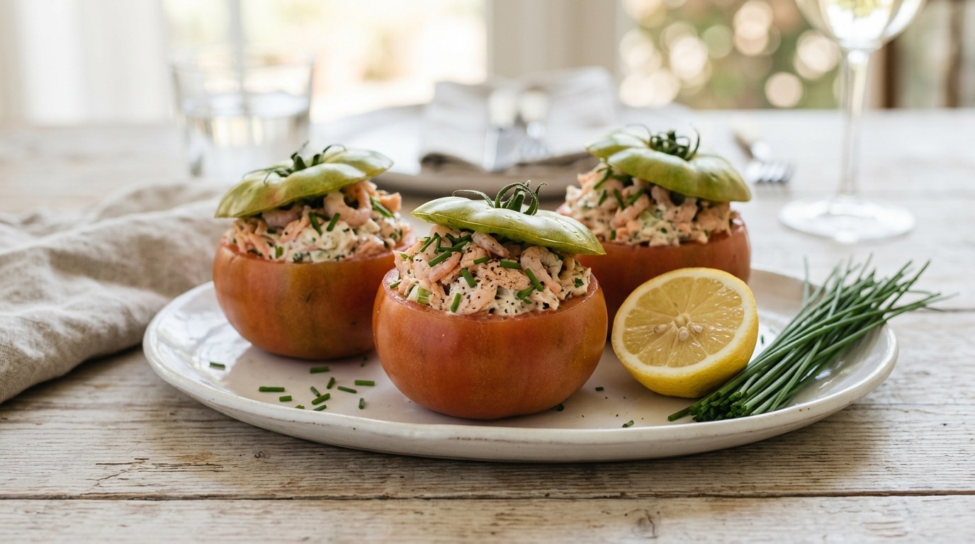 Gevulde Tomaten met Zalm en Garnalen recept Gevulde Tomaten met Zalm en Garnalen recept