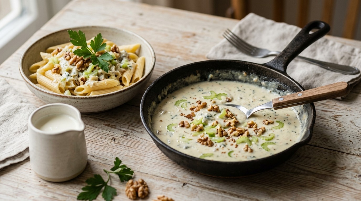 Gorgonzolasaus met Walnoten en Bleekselderij