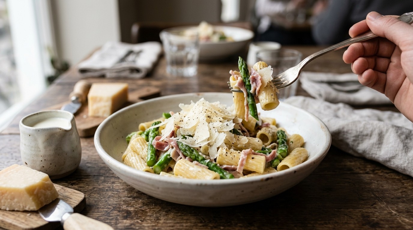 Groene Asperges met ham, Parmezaanse Kaas en Pasta