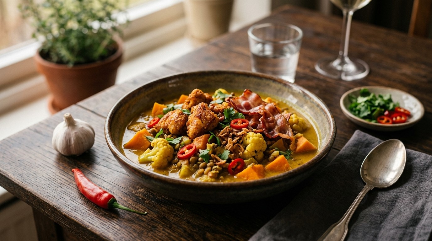 Groentencurry met Zoete Aardappel en Pittige Kipstukjes