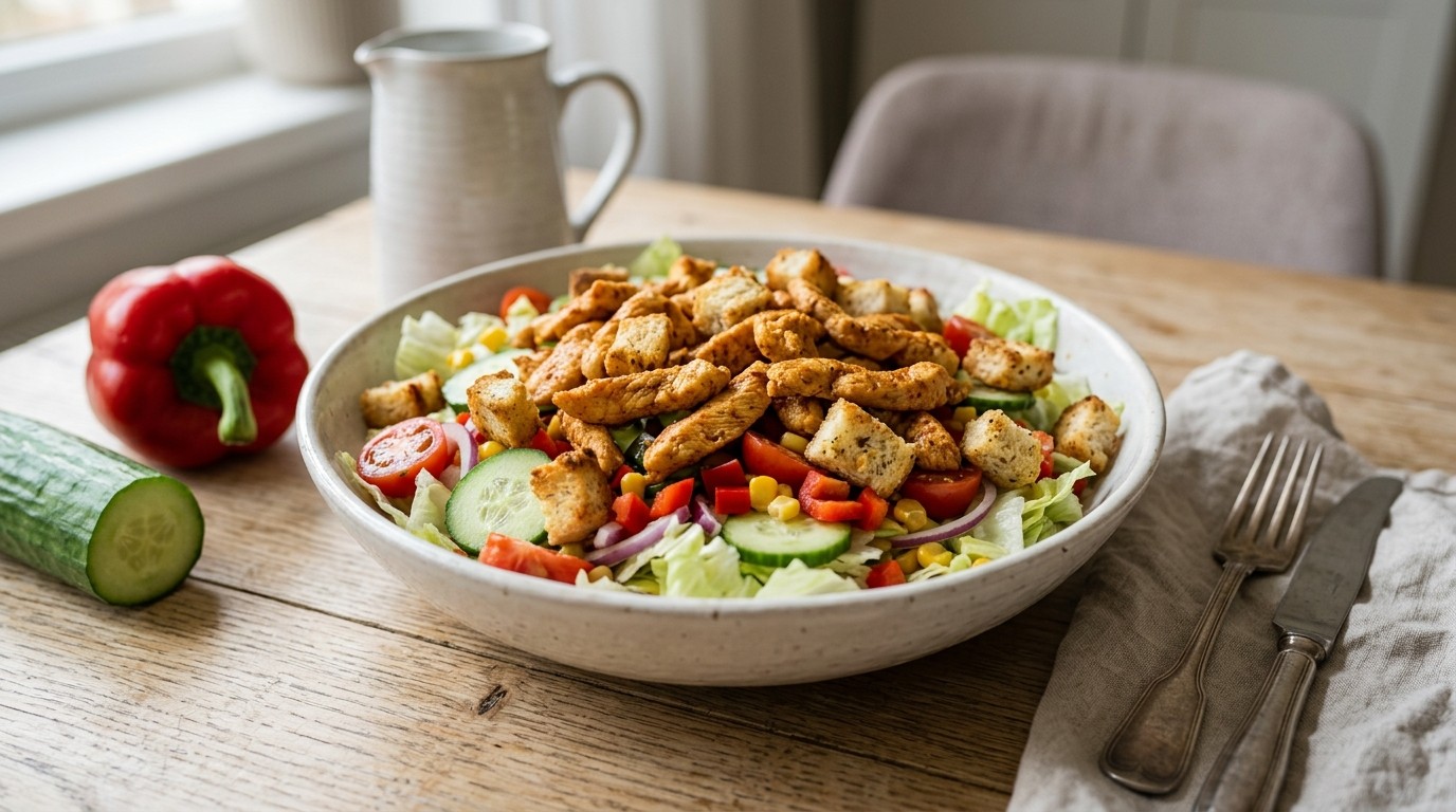 Groentensalade met kip en Crotons