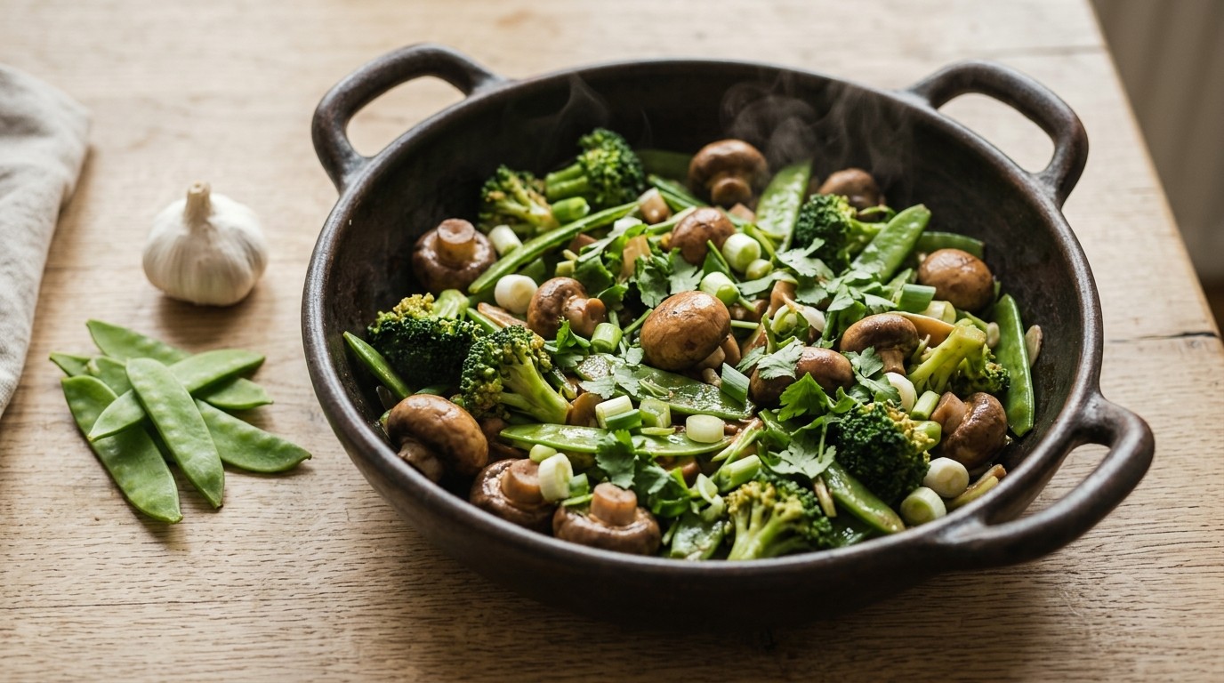 Groenteschotel met Kastanjechampignons, Bosui en Broccoli