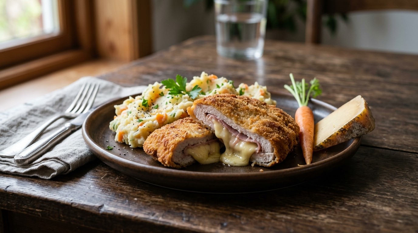 Ham-kaasschnitzel met Aardappel-groentepuree