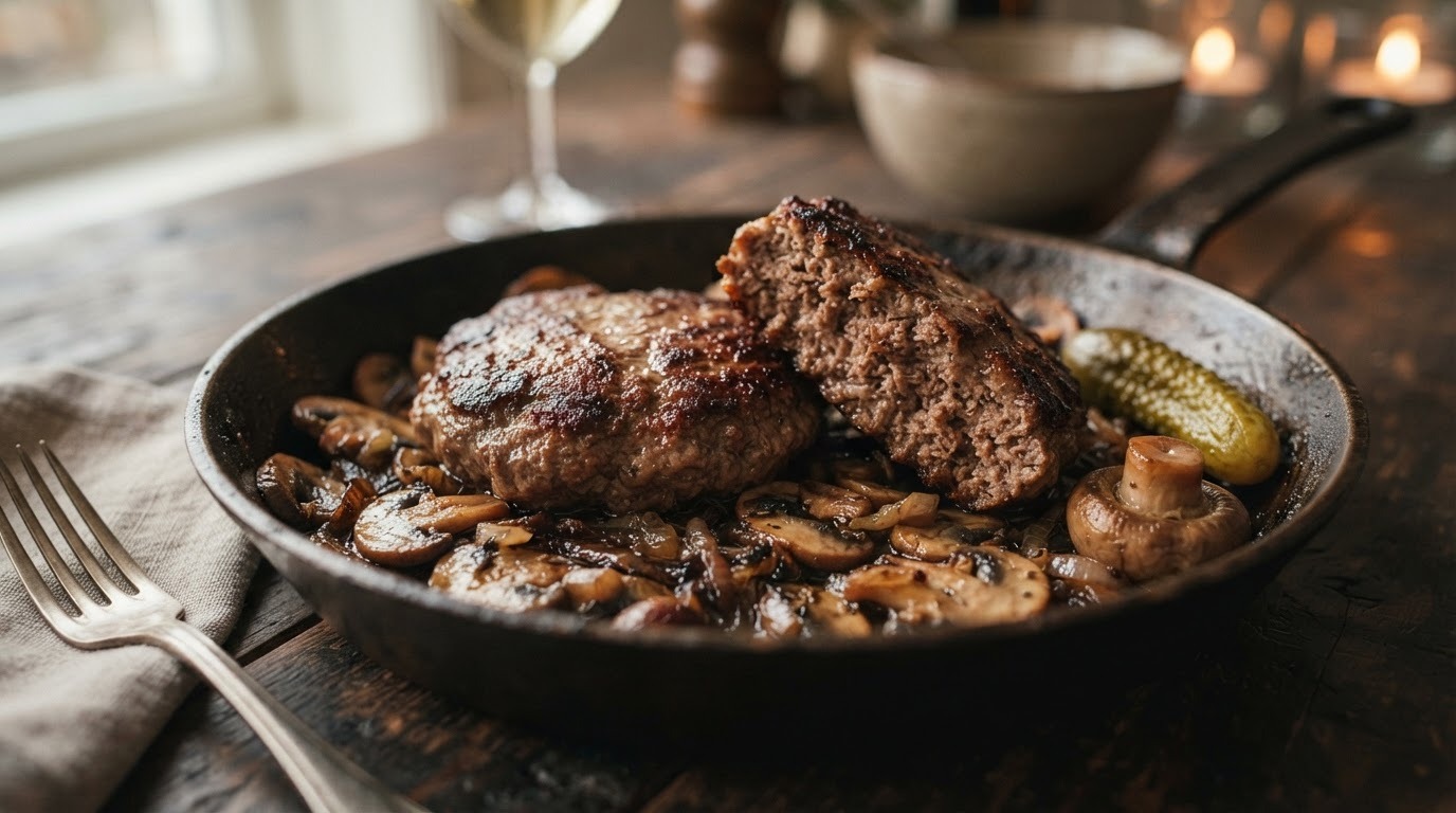 Hamburgers op een Bedje van Champignons en Uien recept Hamburgers op een Bedje van Champignons en Uien recept