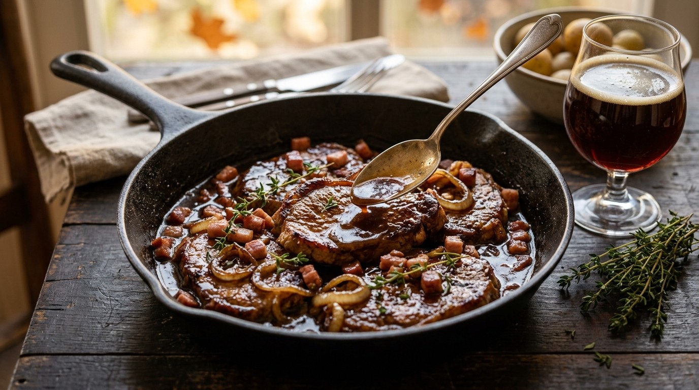 Hamlapjes in Bokbier met Spekjes en Zuidvruchten
