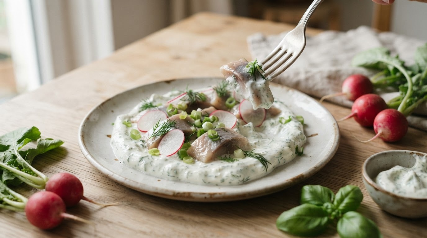 Haringsalade met Dille-roomsaus, Radijs en Bosui recept Haringsalade met Dille-roomsaus, Radijs en Bosui recept