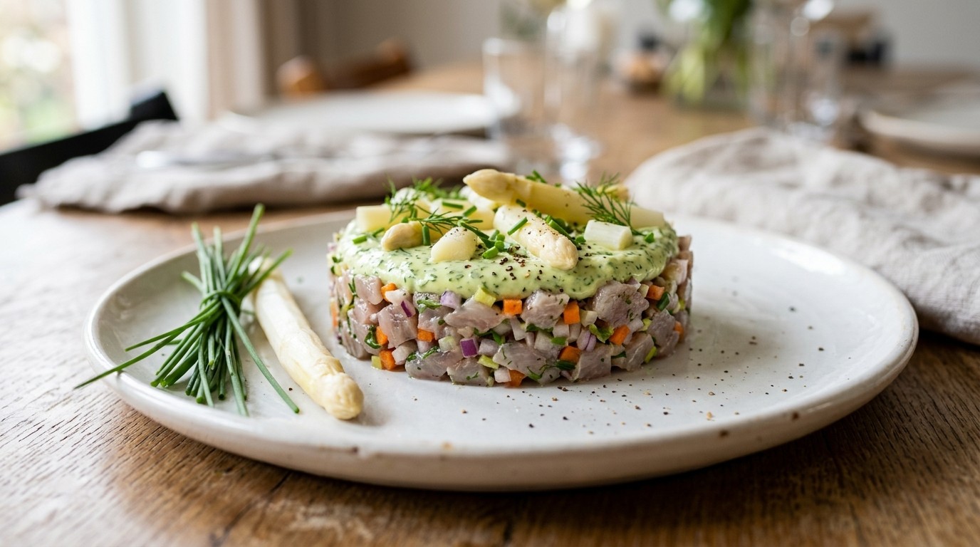 Haringtartaar met Asperge- en Tuinkruidenmayonaise recept Haringtartaar met Asperge- en Tuinkruidenmayonaise recept