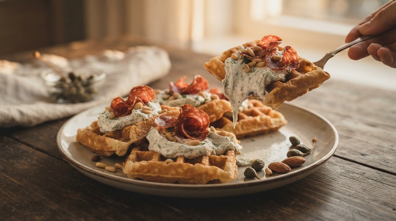Hartige Wafels met Frisse Roomkaas en Salamichips