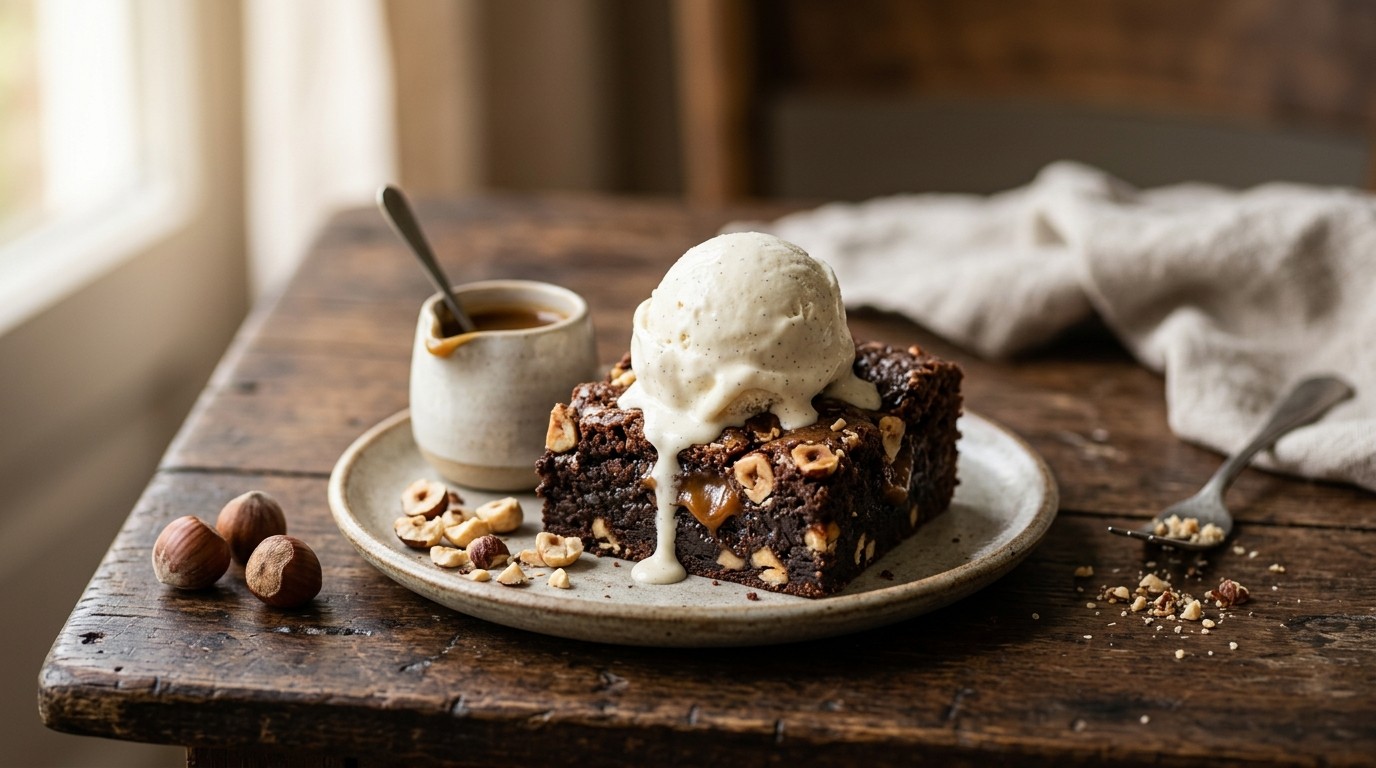 Hazelnoot-caramel Brownies met Vanille ijs