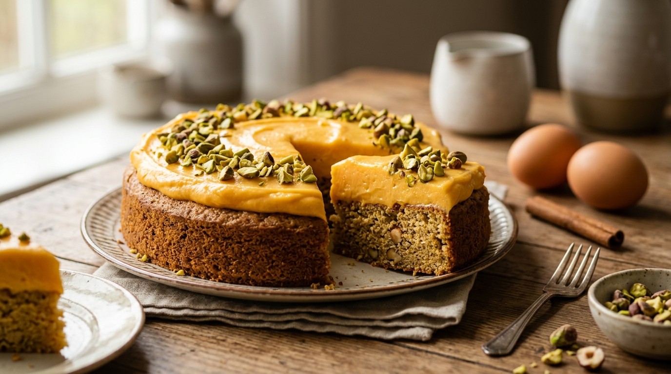 Hazelnoottaart met Mangoroom en Gehakte Pistachenoten recept Hazelnoottaart met Mangoroom en Gehakte Pistachenoten recept