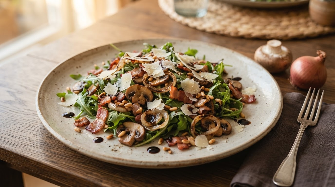 Herfstsalade met Champignons, ui en Gerookte Spekreepjes