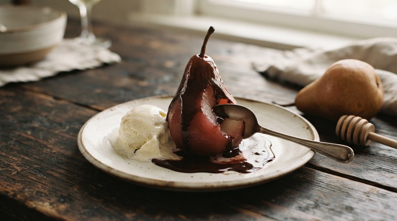 Honingpeer met Chocoladesaus en ijs