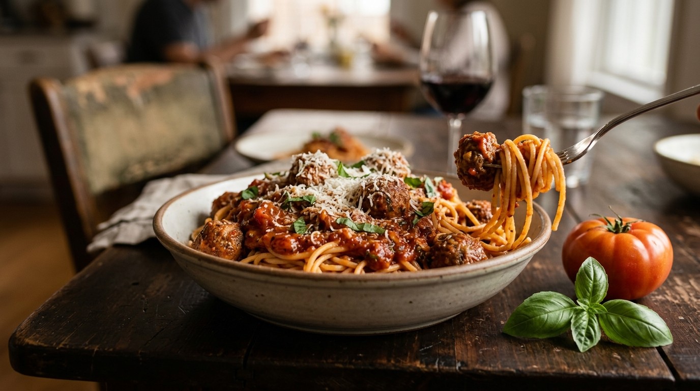 Huiselijke Spaghetti met Gehaktballetjes in Tomatensaus recept Huiselijke Spaghetti met Gehaktballetjes in Tomatensaus recept