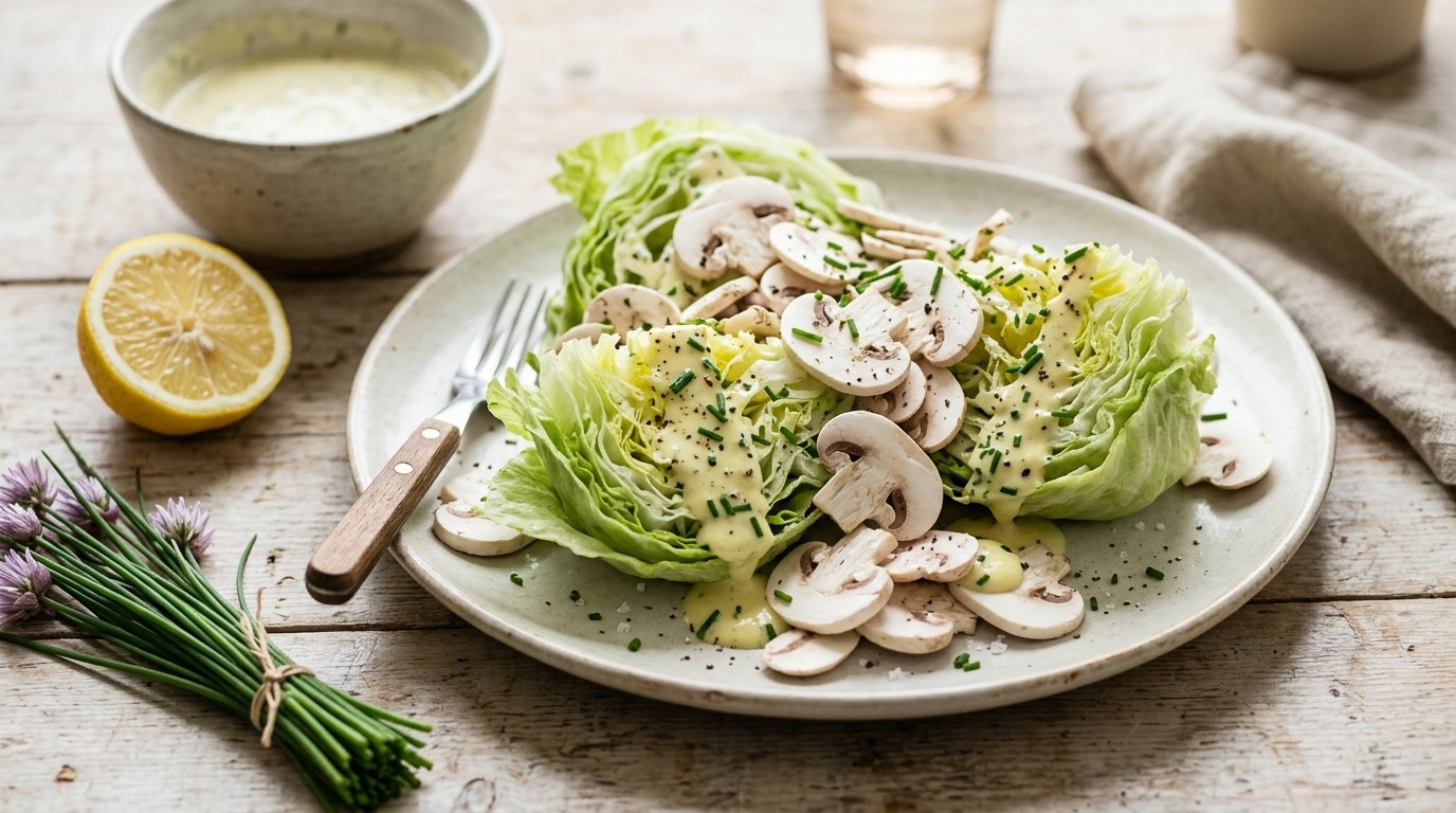 IJsbergsalade met Champignons en Bieslookdressing