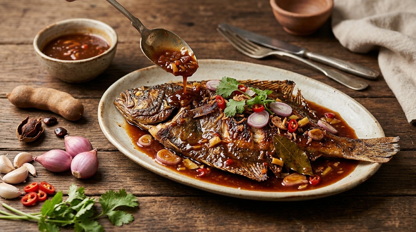 Ikan Asem Manis (schol in Stevige Ketjapsaus)