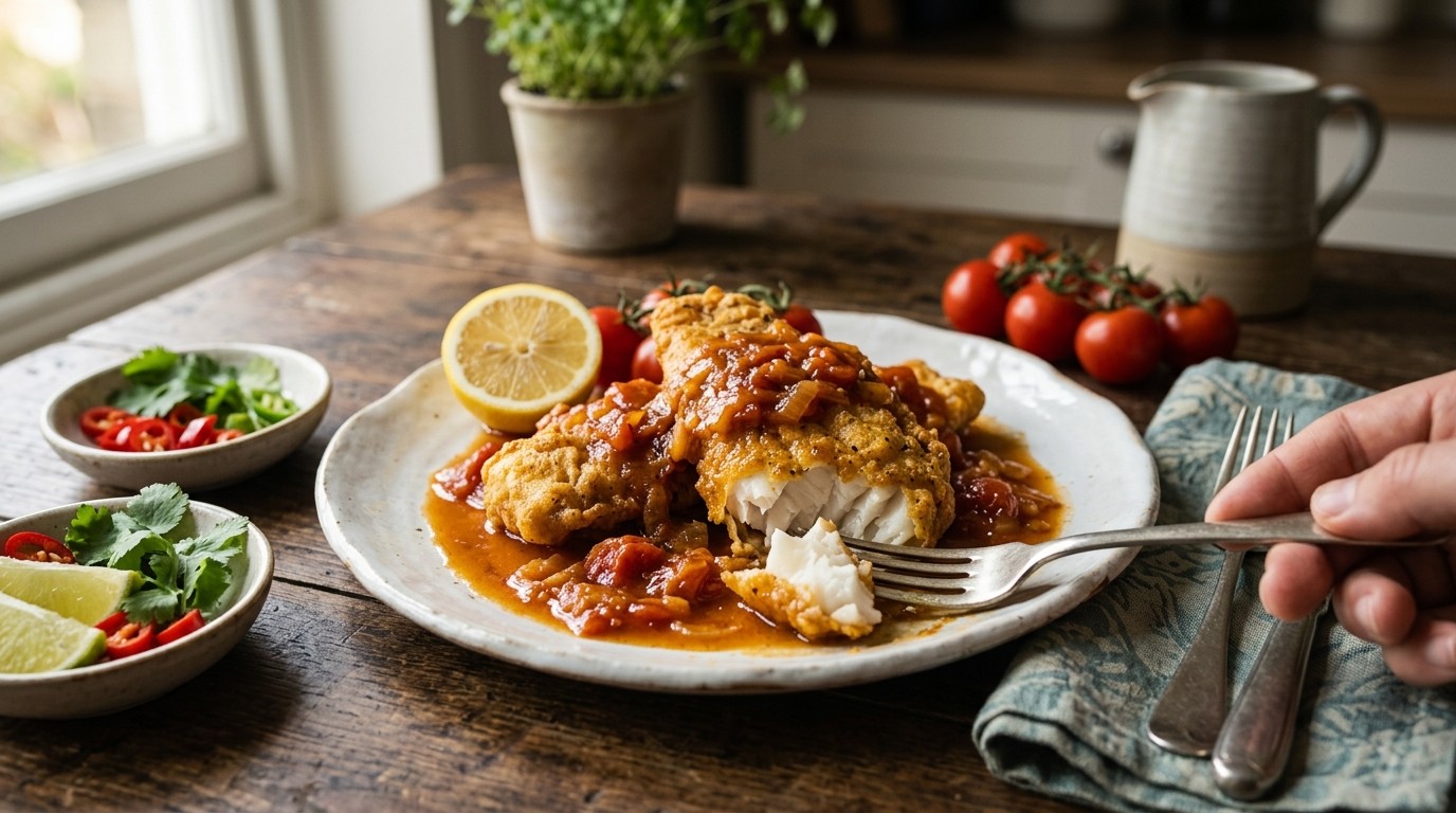 Ikan Dengan Boemboe (kabeljauwfilet met een Tomatensausje)