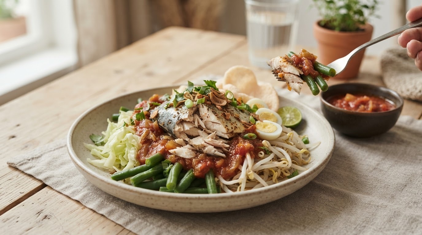 Ikan Gado Gado (gekookte Makreel met Groenten)