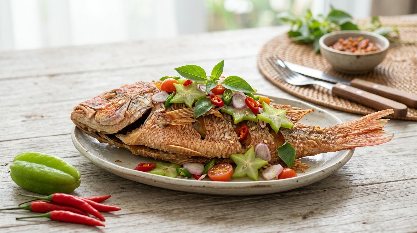 Ikan Kemangi (red Snepper in Salade van Pittige Stervruchten) recept Ikan Kemangi (red Snepper in Salade van Pittige Stervruchten) recept