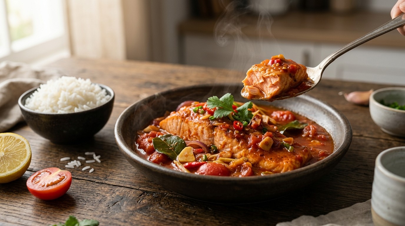 Ikan Salmon Boemboe Tomat (zalm in Tomatensausje)
