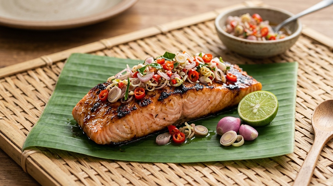 Ikan Salmon dan Sambal Matah (zalm in Sambal van Sjalotjes) recept Ikan Salmon dan Sambal Matah (zalm in Sambal van Sjalotjes) recept