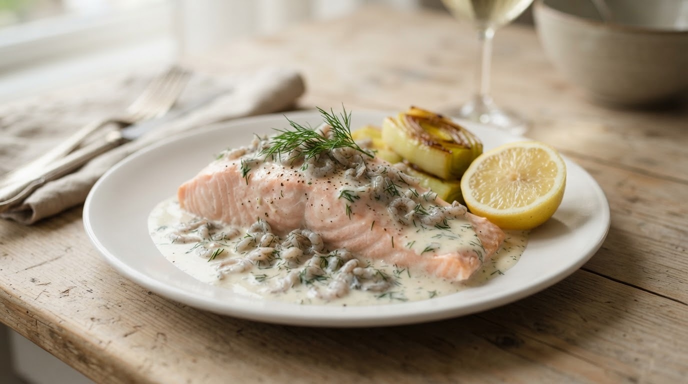 In Witte Wijn Gepocheerde Zalmfilet met Garnalen-dille Saus recept In Witte Wijn Gepocheerde Zalmfilet met Garnalen-dille Saus recept