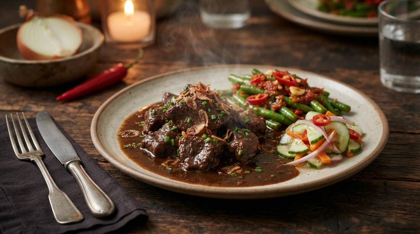 Indische Hachee met Sambalboontjes en Hete Komkommer