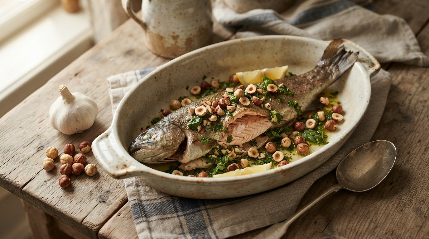 Italiaanse Forel uit de Oven met Hazelnoten
