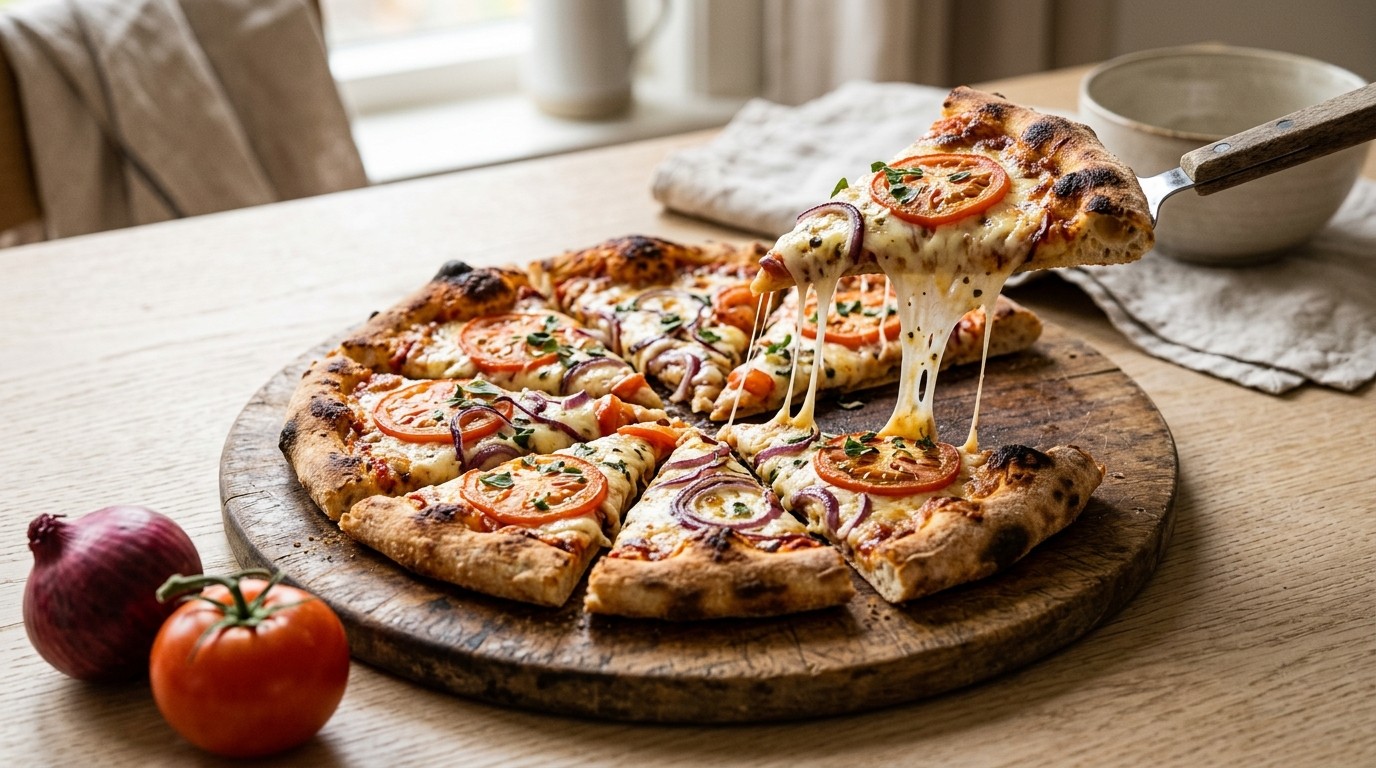 Kaaspizza met Rode ui en Tomaat
